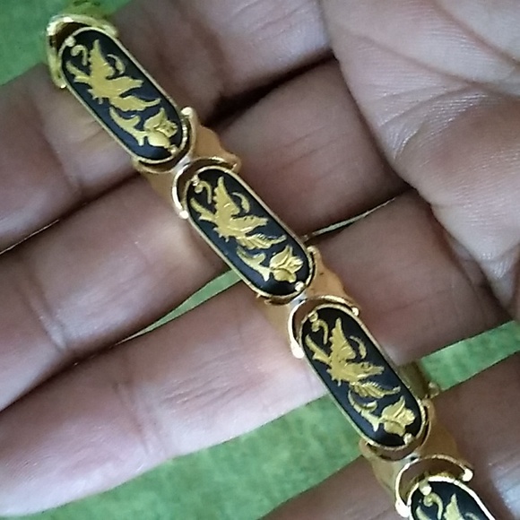 Vintage Damascene Panel Bracelet w/24K Gold Inlay Bird & Floral - Picture 2 of 8